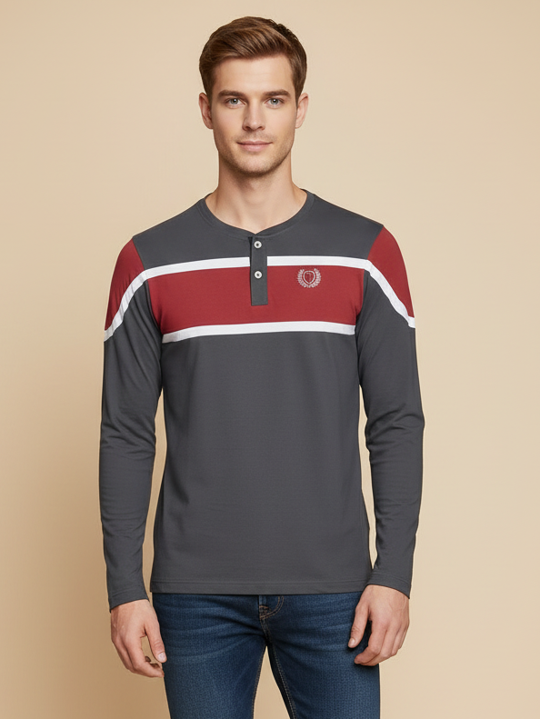 Louis Vicaci P.Q Long Sleeve Henley Shirt For Men-Dark Grey with Red-BE963
