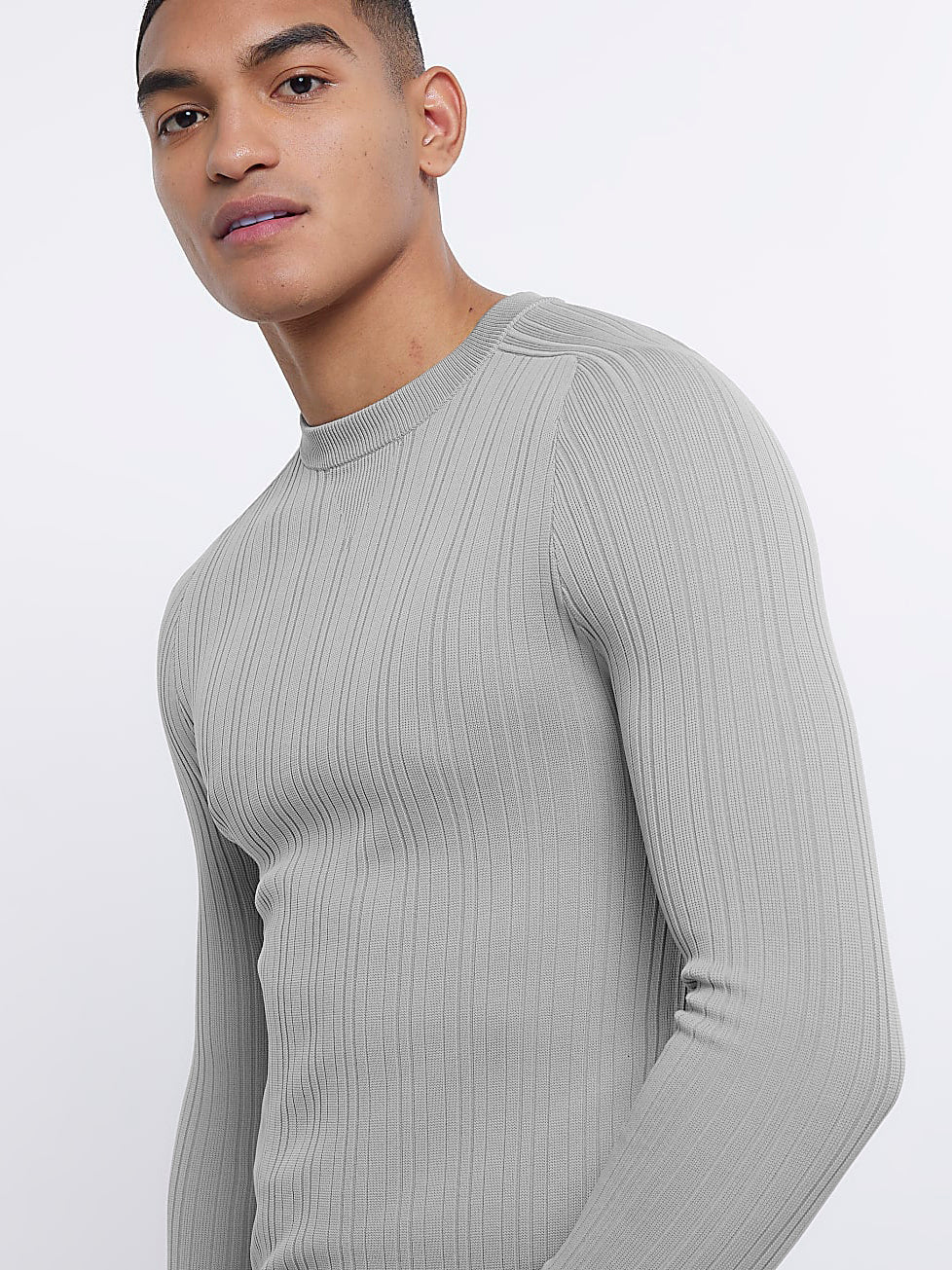 River Island Crew Neck Allover Ribbed Sweatshirt For Men-Grey-SP1048/RT2201