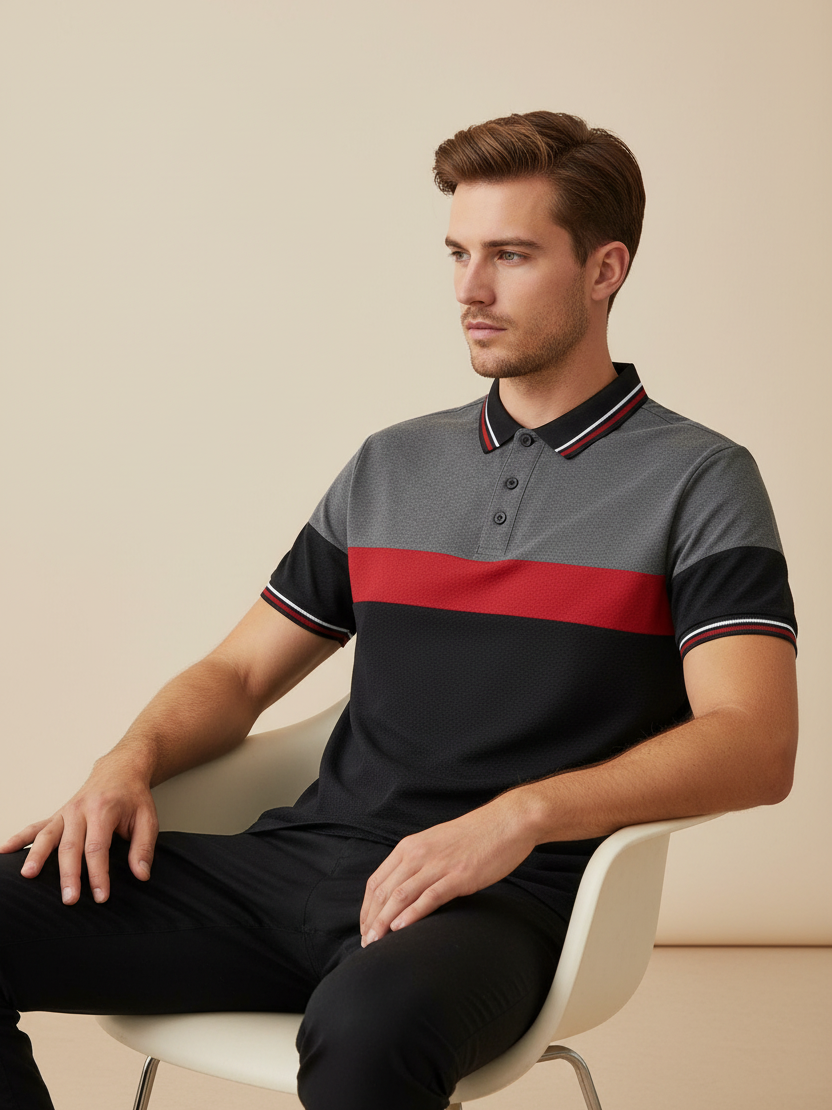 LV Summer Dry Fit Polo Shirt For Men-Black with Red & Grey Panels-BE1343/BR13585