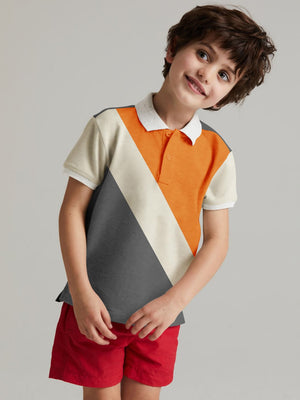 Champion Single Jersey Polo Shirt For Kids-Charcoal Melange with Skin & Orange Panels-BR15621