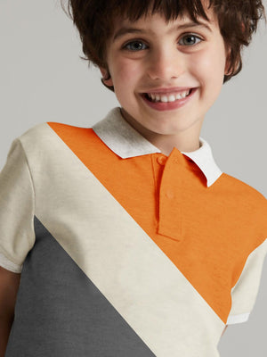 Champion Single Jersey Polo Shirt For Kids-Charcoal Melange with Skin & Orange Panels-BR15621