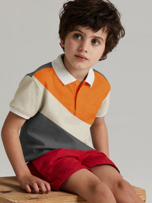 Champion Single Jersey Polo Shirt For Kids-Charcoal Melange with Skin & Orange Panels-BR15621