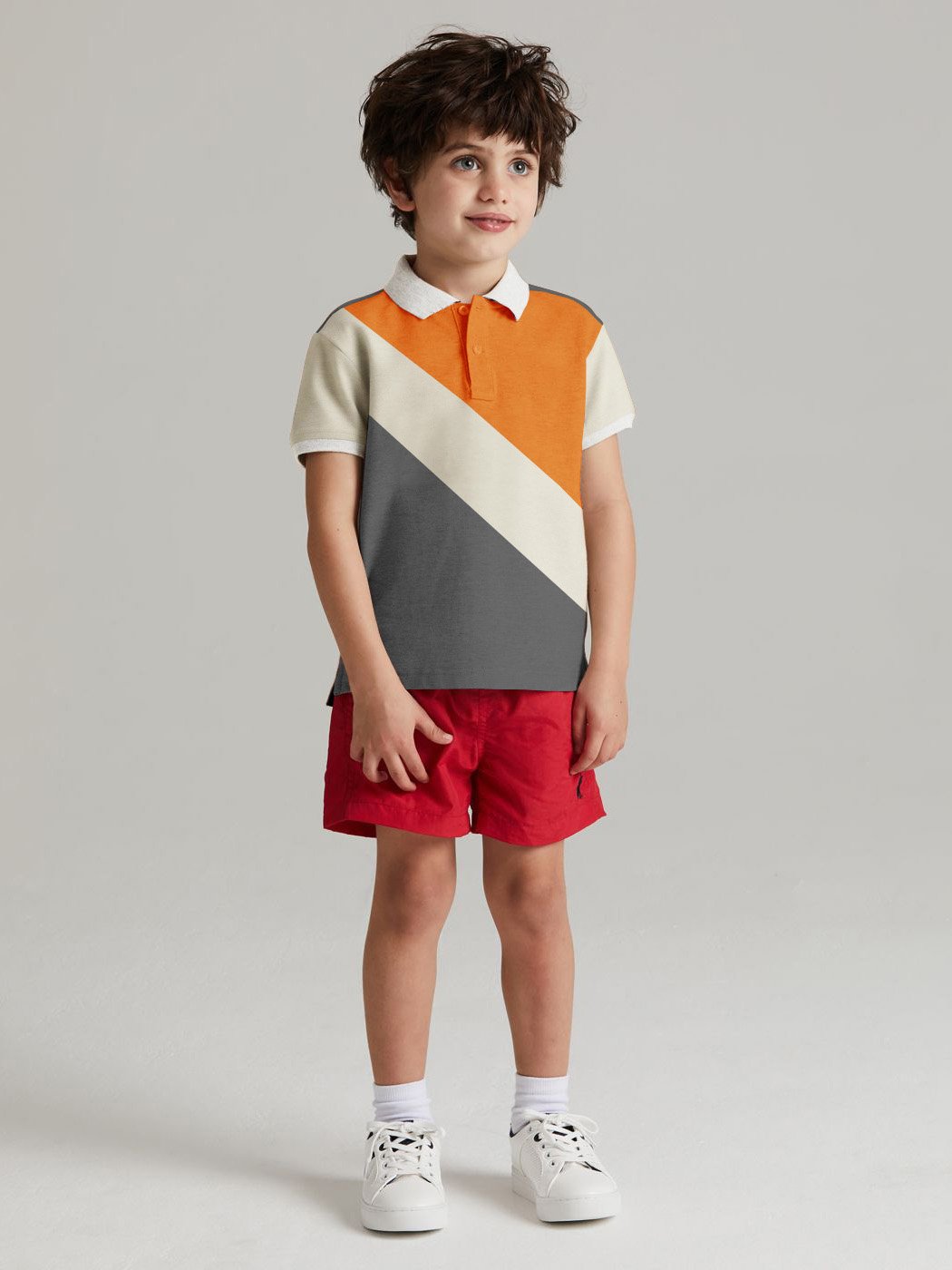 Champion Single Jersey Polo Shirt For Kids-Charcoal Melange with Skin & Orange Panels-BR15621