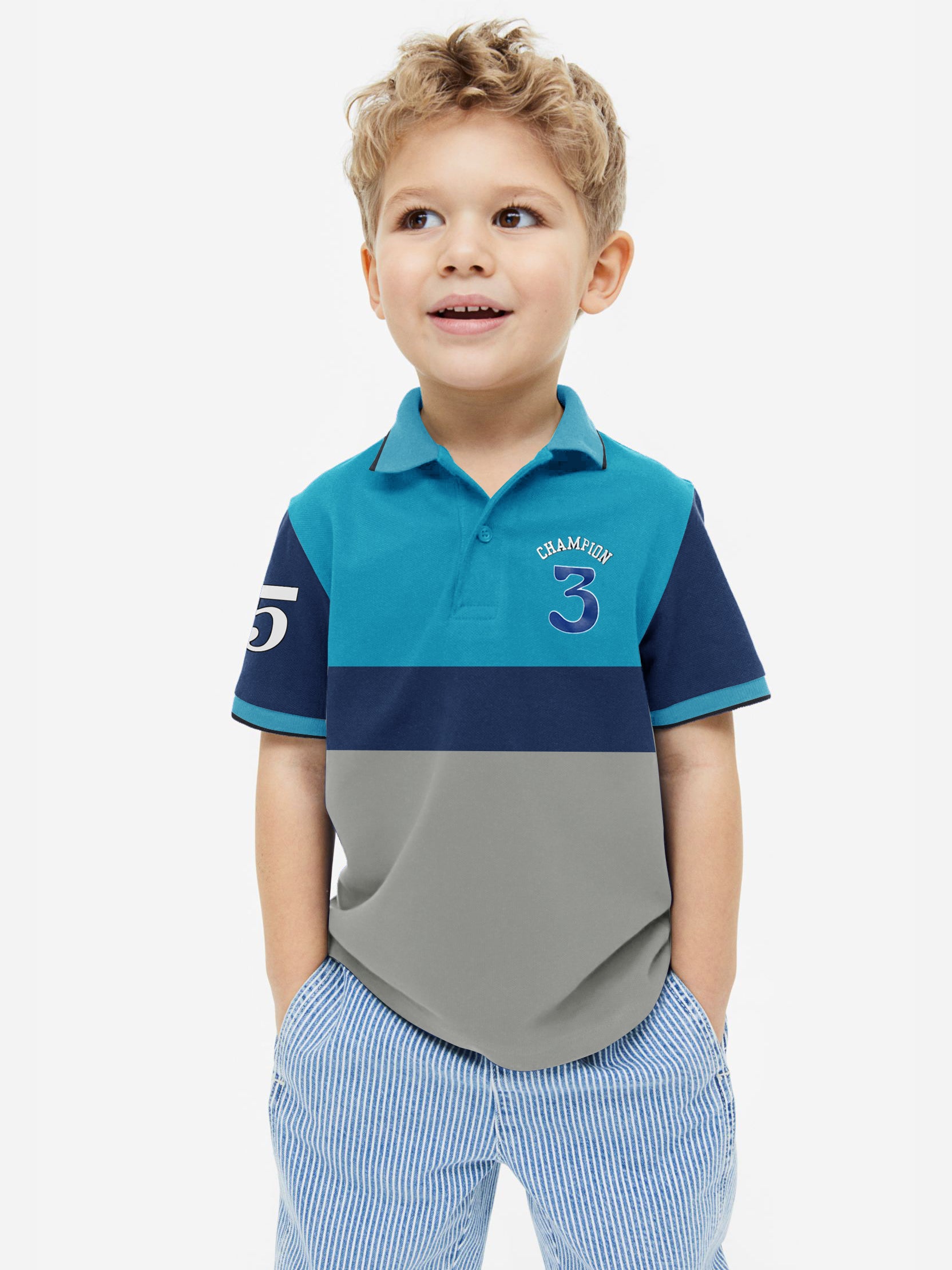 Champion Single Jersey Polo Shirt For Kids-Grey with Dark Blue & Sky Blue-SP1701/RT2411
