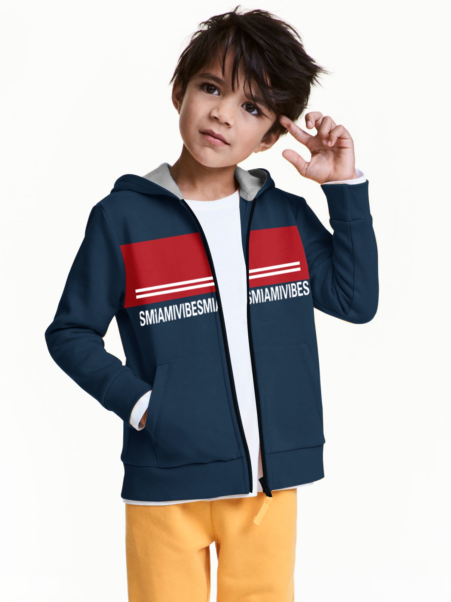 Miami Vibes Stylish Inner Fur Zipper Hoodie For Kids-Navy With Lime Red Panel-SP1175/RT2293