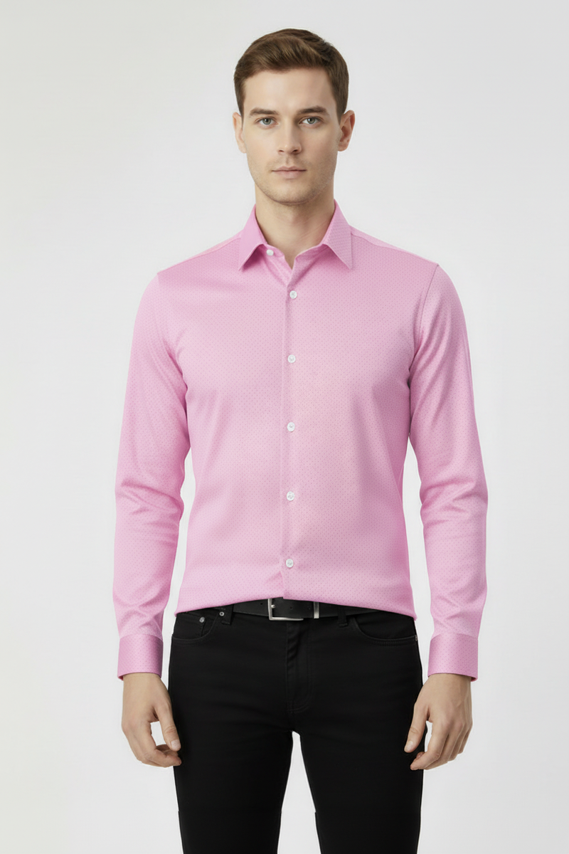 Rawgear 4 Side Lycra Slim Fit Long Sleeve Casual Shirt For Men-Pink With Dots-RG07