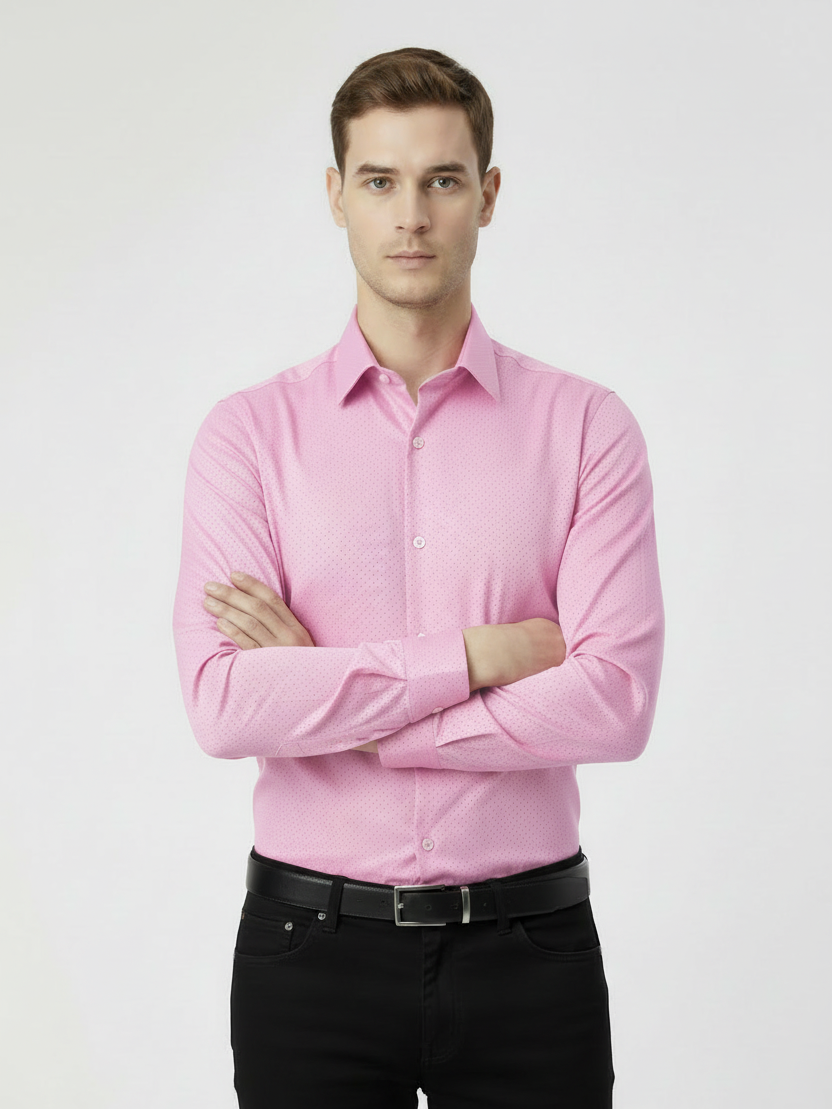 Rawgear 4 Side Lycra Slim Fit Long Sleeve Casual Shirt For Men-Pink With Dots-RG07
