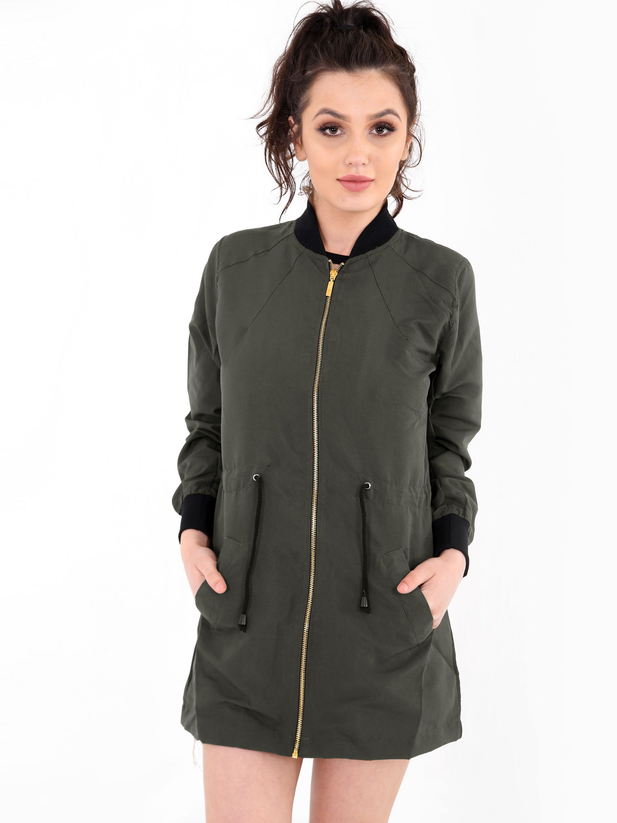 Boohoo Longline Lightweight Soft Shell Jacket For Ladies-Dark Olive-SP3288