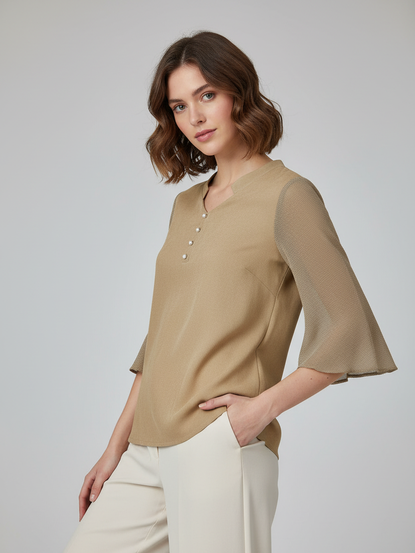 Louis Vicaci Butterfly Sleeve 4 Sided Lycra Ban Top For Ladies-Shine Golden with Net Sleeve-BR723