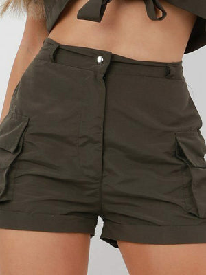 Rising Pop Button Shorts For Ladies-Dark Olive-SP3465