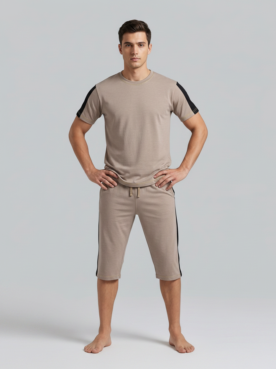 Summer Co Ord Set For Men-Light Brown Melange-BE6043