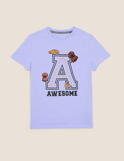 Summer Single Jersey Crew Neck Tee Shirt For Kids-Light Blue With Print-BE17029