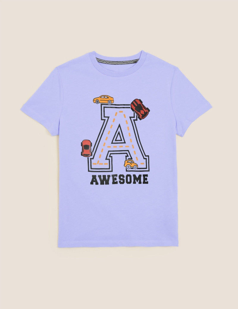 Summer Single Jersey Crew Neck Tee Shirt For Kids-Light Blue With Print-BE17029