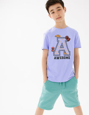 Summer Single Jersey Crew Neck Tee Shirt For Kids-Light Blue With Print-BE17029