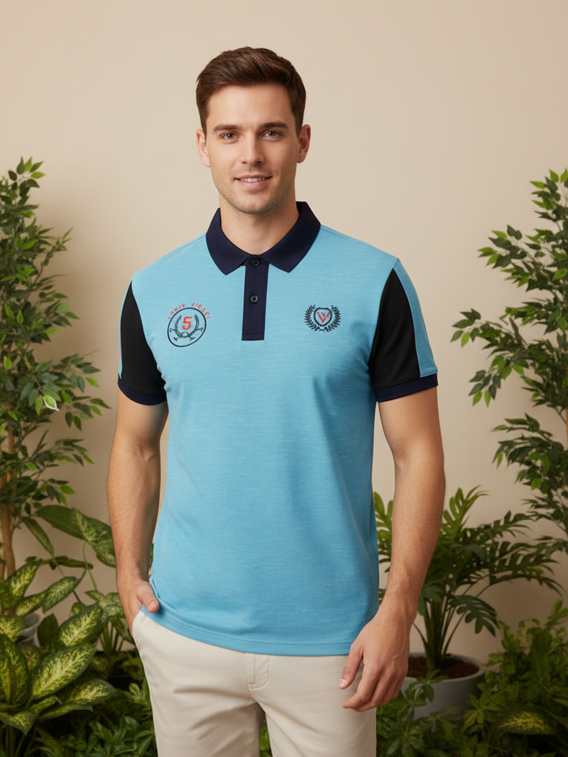 LV Summer Polo Shirt For Men-Sky Melange & Dark Navy-BE865