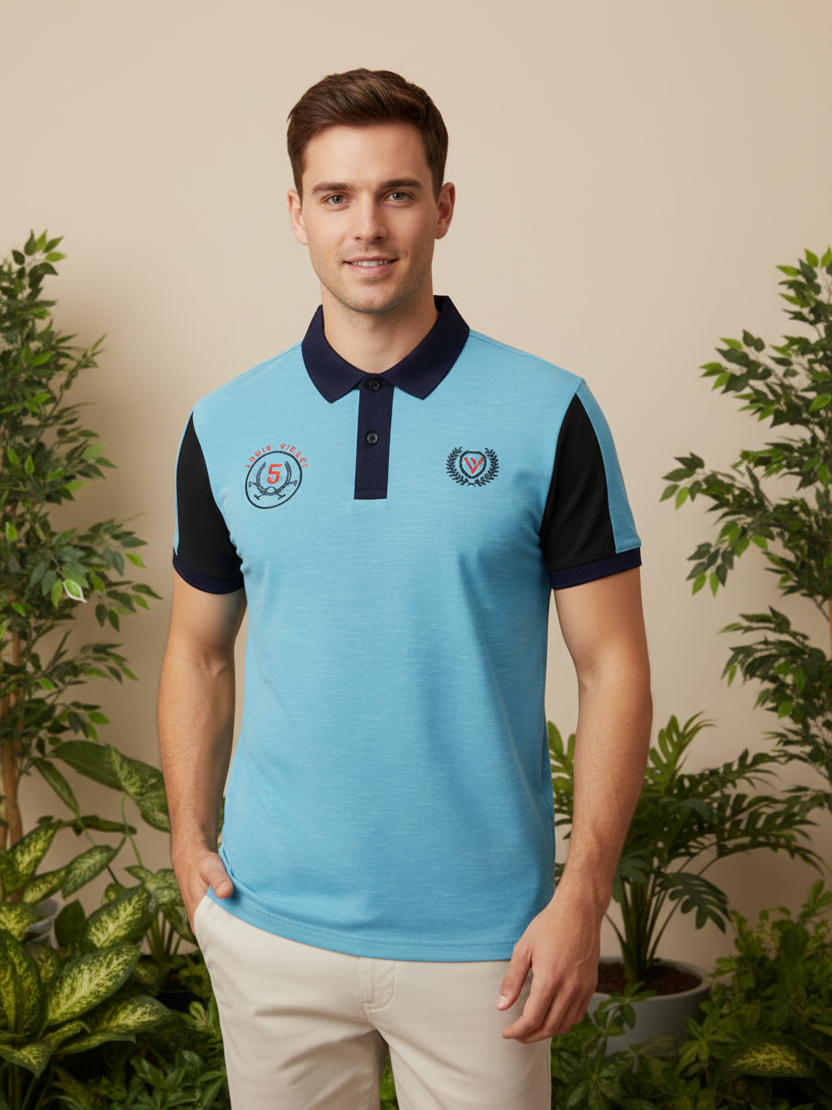 LV Summer Polo Shirt For Men-Sky Melange & Dark Navy-BE865