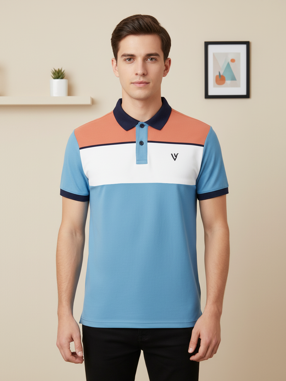 LV Summer Polo Shirt For Men-Sky with White & Light Orange Panel-BE777/BR13024