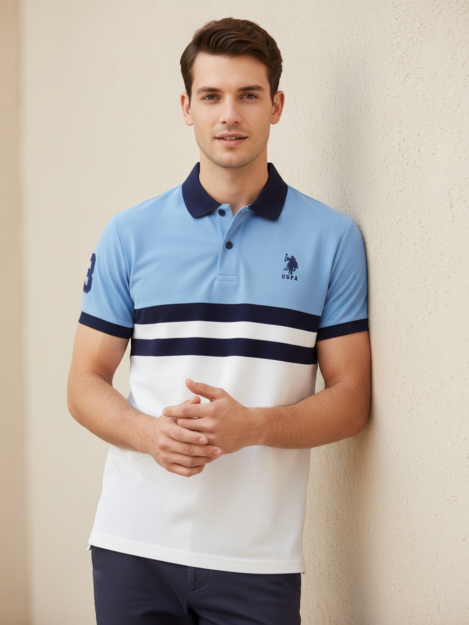 U.S Polo Assn. Summer Polo Shirt For Men-Sky with Navy & White Panel-BE882/BR13120