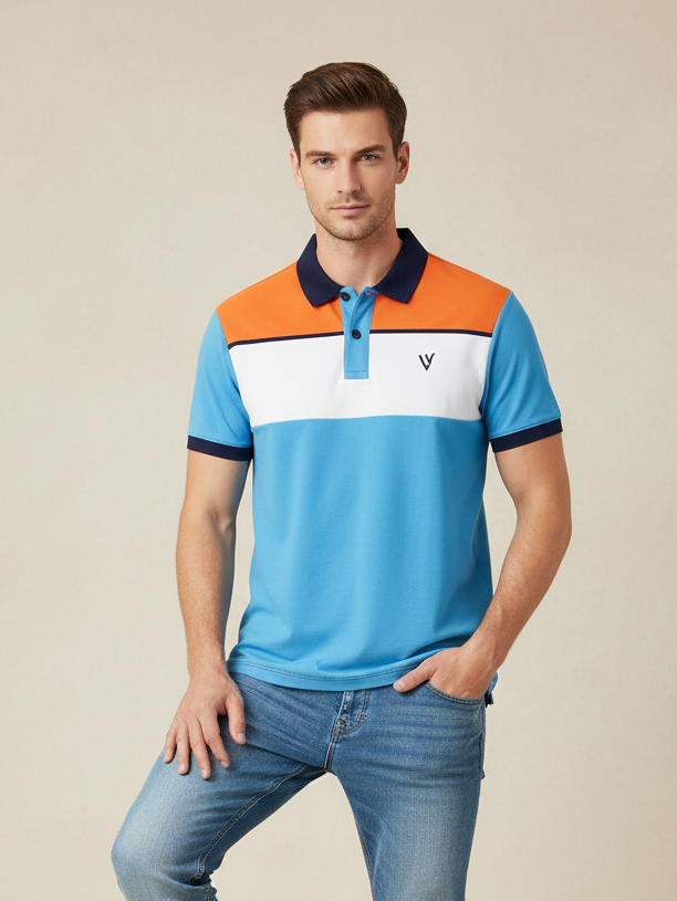 LV Summer Polo Shirt For Men-Sky Blue with White & Orange Panel-BE821/BR13061