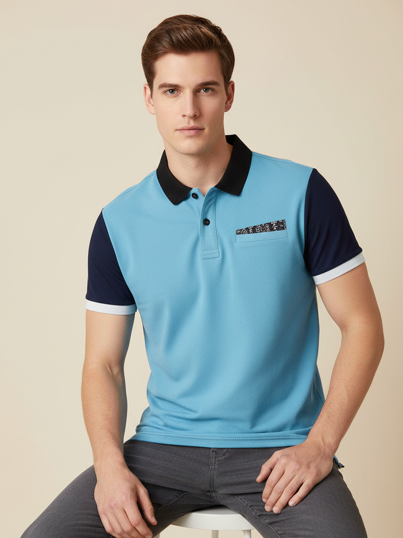 LV Summer Polo Shirt For Men-Sky with Navy-BE716/BR12968