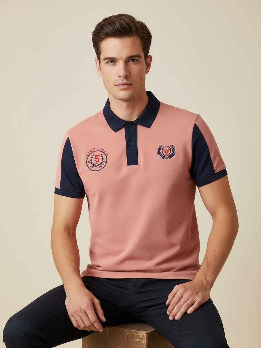 LV Summer Polo Shirt For Men-Light Peach & Blue-BE3377/BR15825