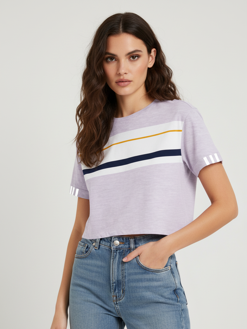 Next Crop T Shirt For Women-Light Purple Melange with White Stripy Panel-BE1482