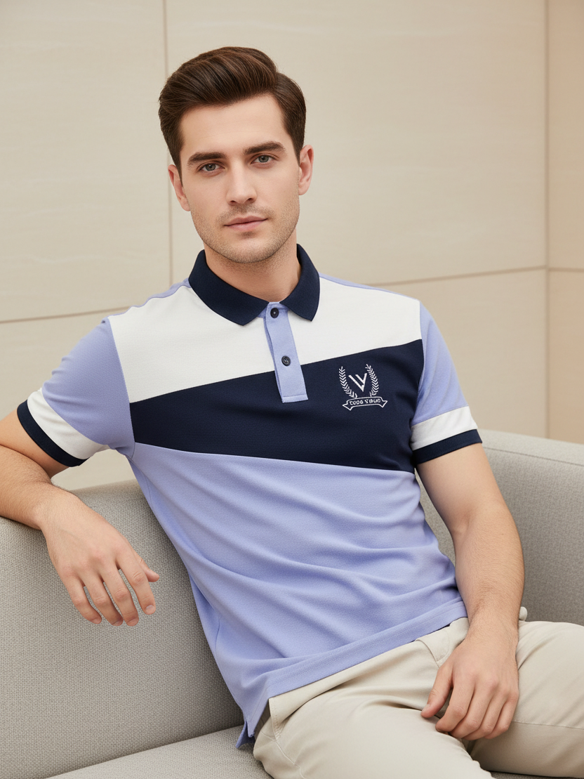 LV Summer Polo Shirt For Men-Light Purple with Navy & White-BE678/BR12931