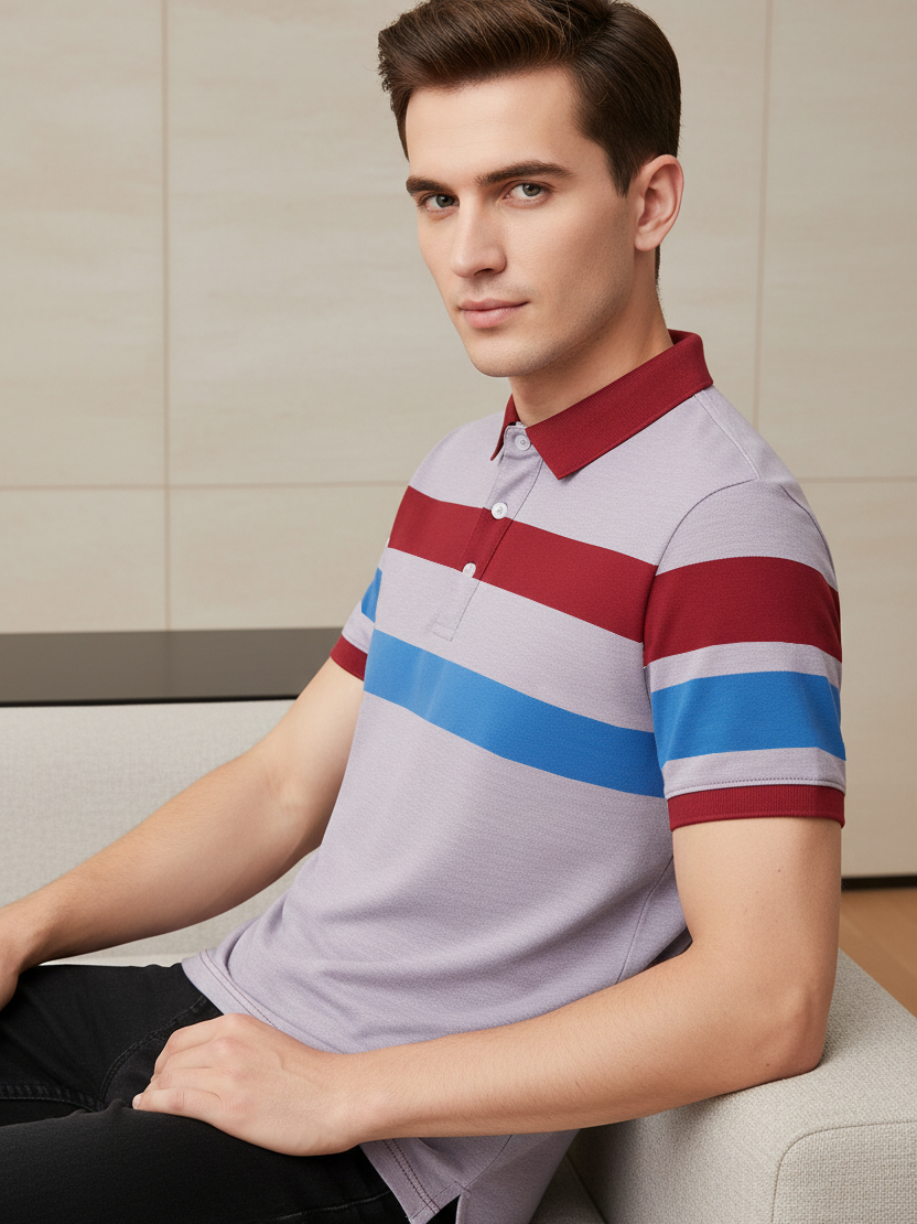 NXT Summer Polo Shirt For Men-Light Purple Melange with Red & Sky Stripe-BE741/BR12991