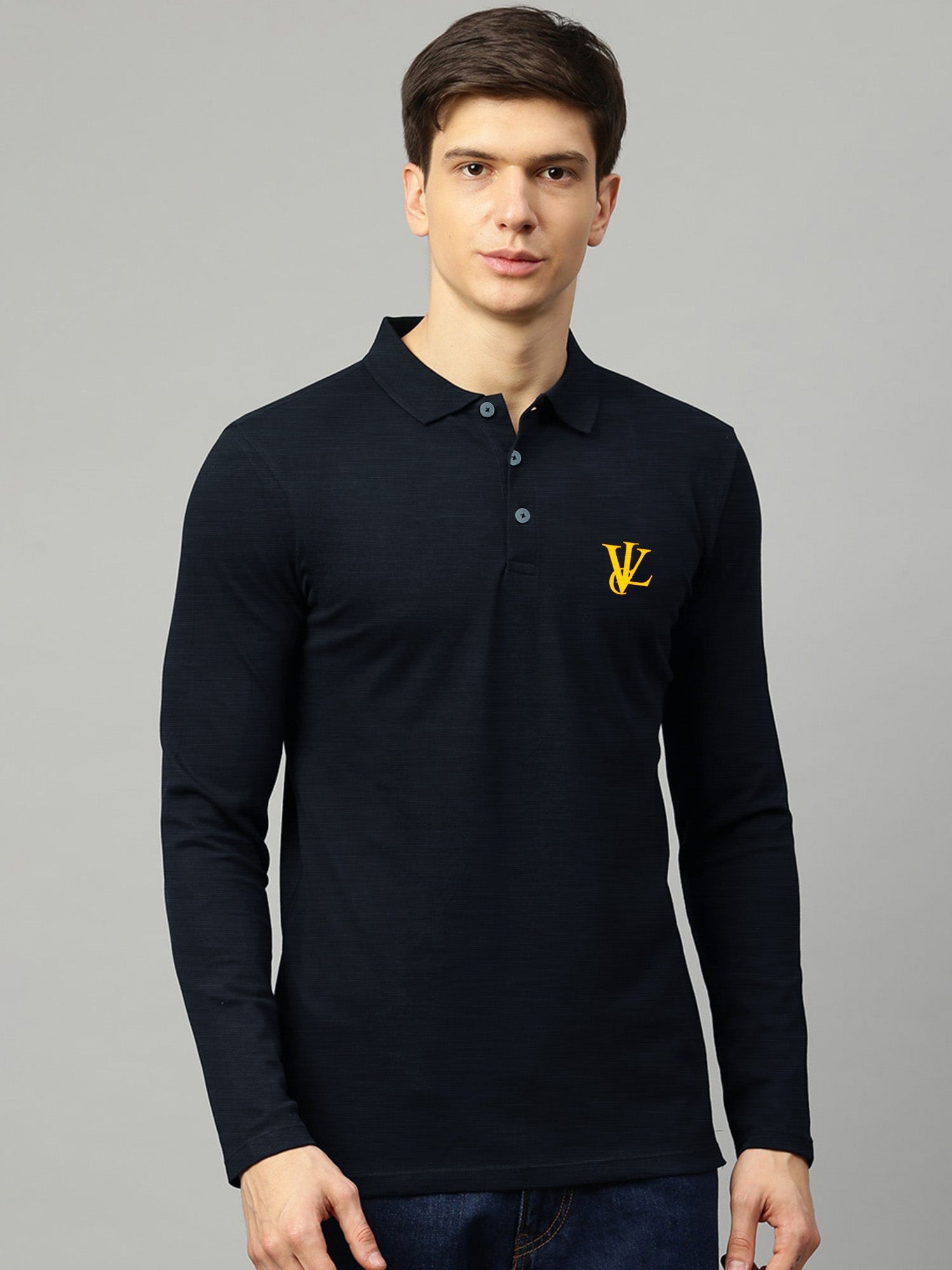 Louis Vicaci Long Sleeve Polo For Men-Navy with Lining-BR908