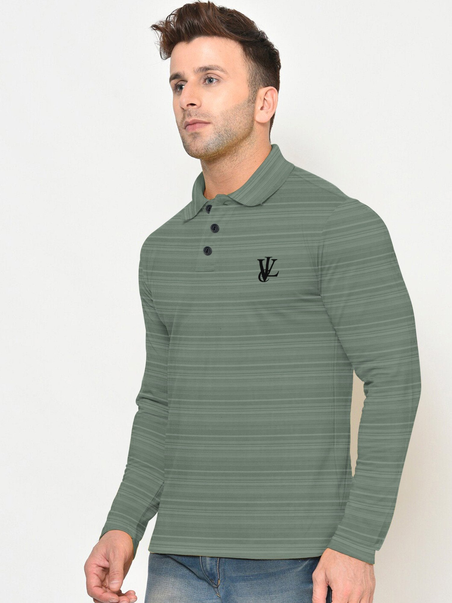 Louis Vicaci Long Sleeve Polo For Men-Green with Linning-BE15064