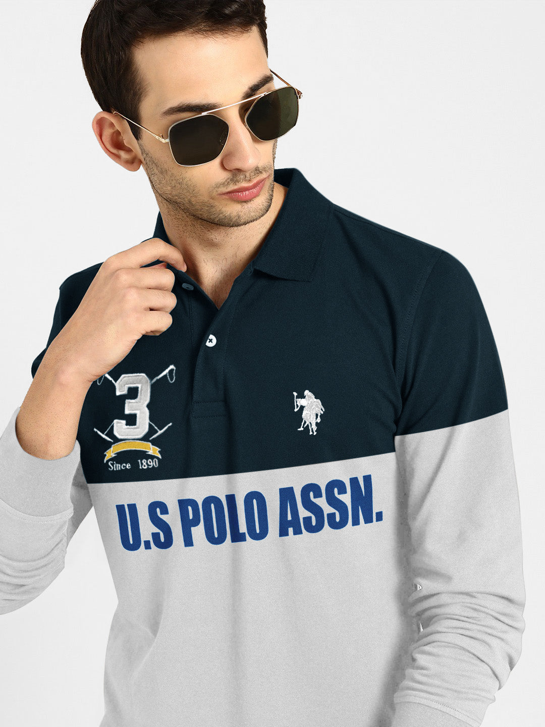 Uspa Long Sleeve Polo Shirt For Men-Navy & Grey-RT720