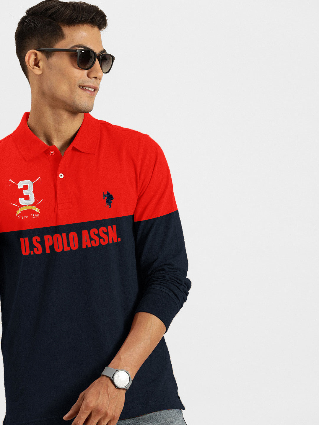 U.S.P.A Long Sleeve Polo Shirt For Men-Red & Navy-SP6435