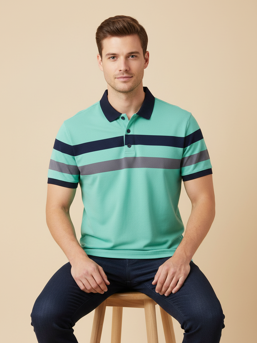 NXT Summer Polo Shirt For Men-Cyan Blue With Stripes-SP1521/RT2356