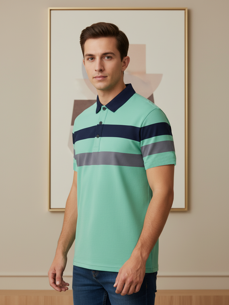 NXT Summer Polo Shirt For Men-Cyan Green with Grey & Navy-BE800/BR13041