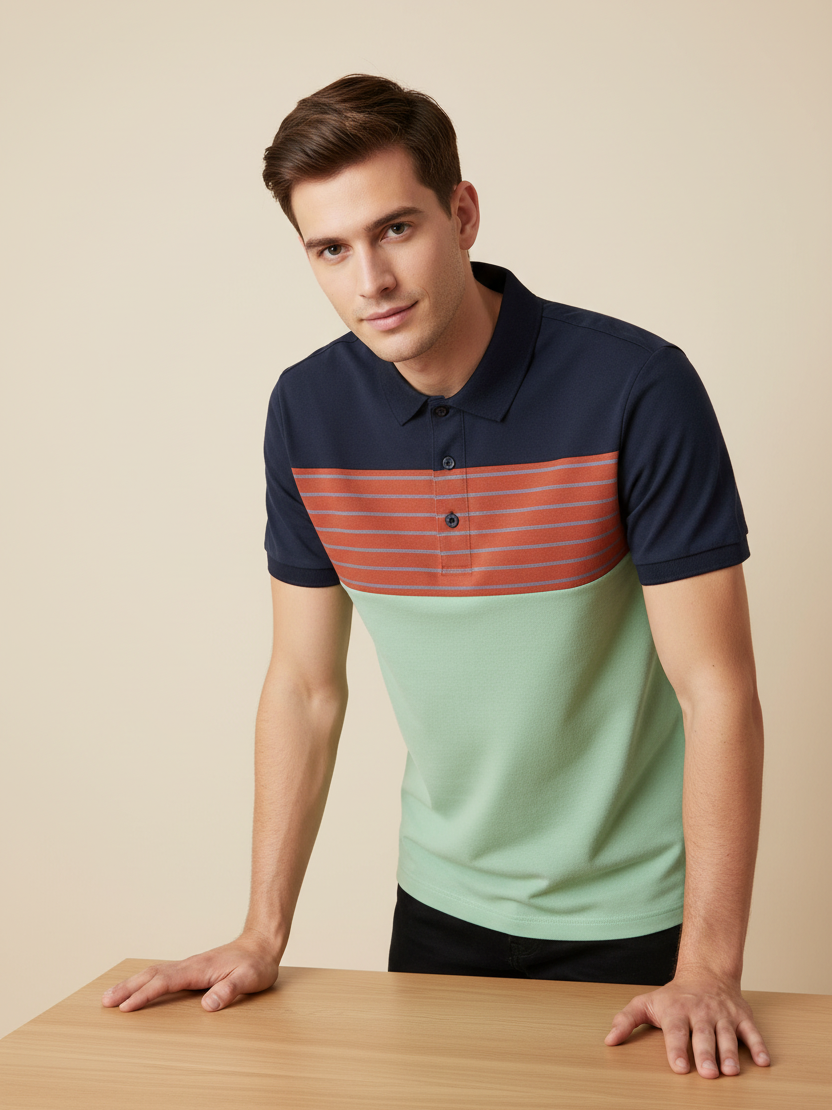 NXT Summer Polo Shirt For Men-Green with Orange & Navy Panel-BE812/BR13053