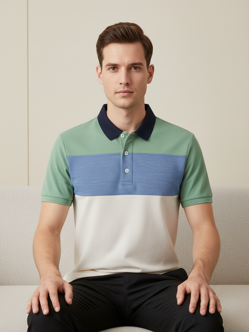 NXT Summer Polo Shirt For Men-Grey with Sky & Green Panel-BE689/BR12942