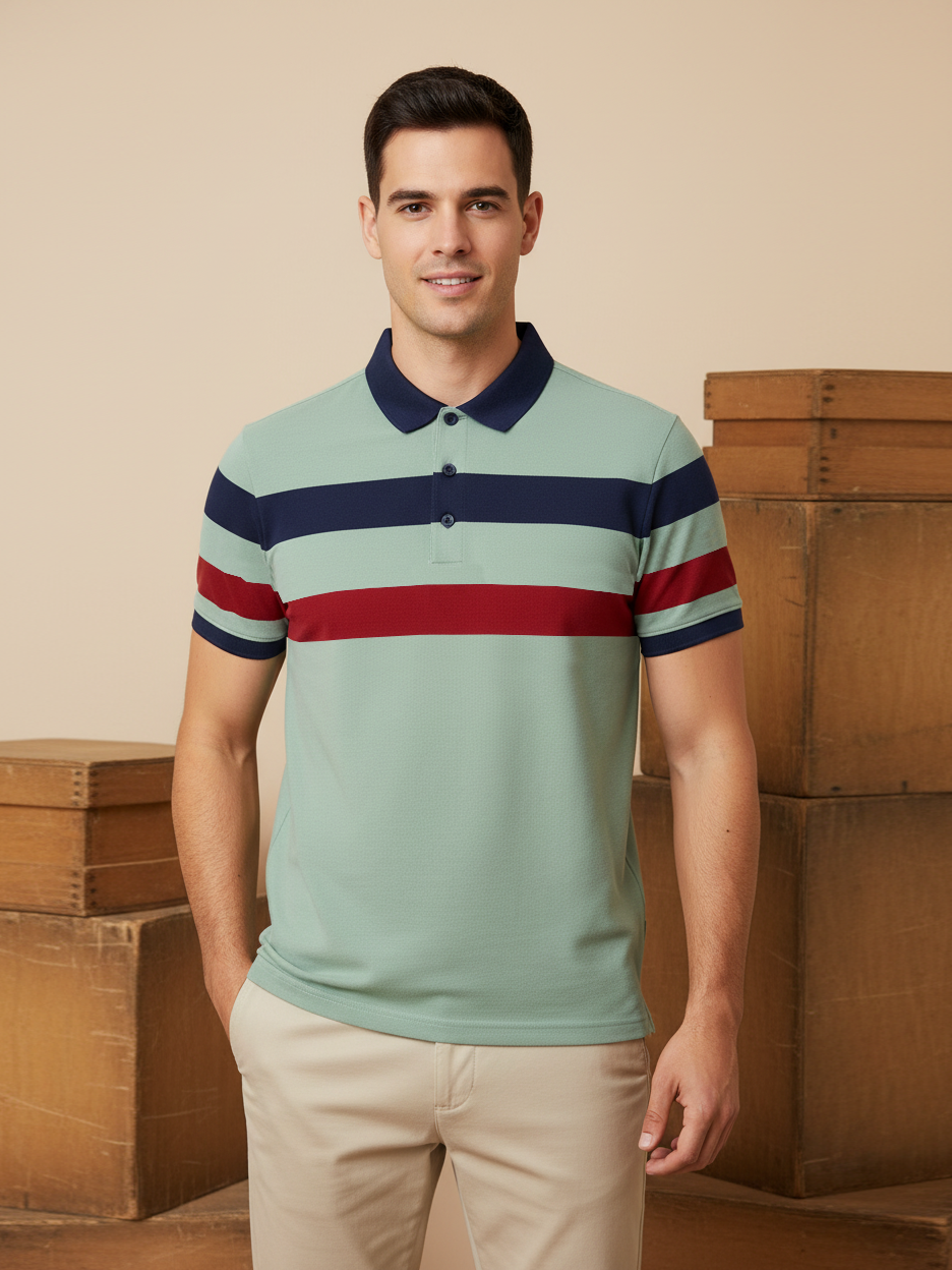 NXT Summer Polo Shirt For Men-Green with Red & Navy-BE823/BR13063