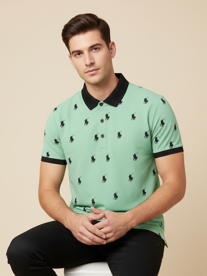 PRL Summer Polo Shirt For Men-Light Green with Allover Print-SP1444/RT2335