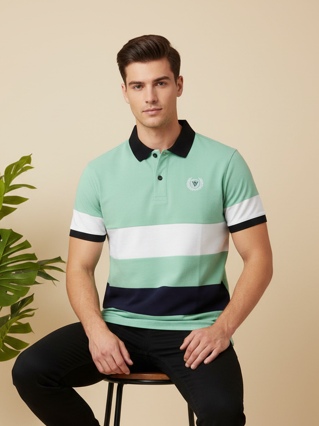 LV Summer Polo Shirt For Men-Light Green with White & Navy-BE863