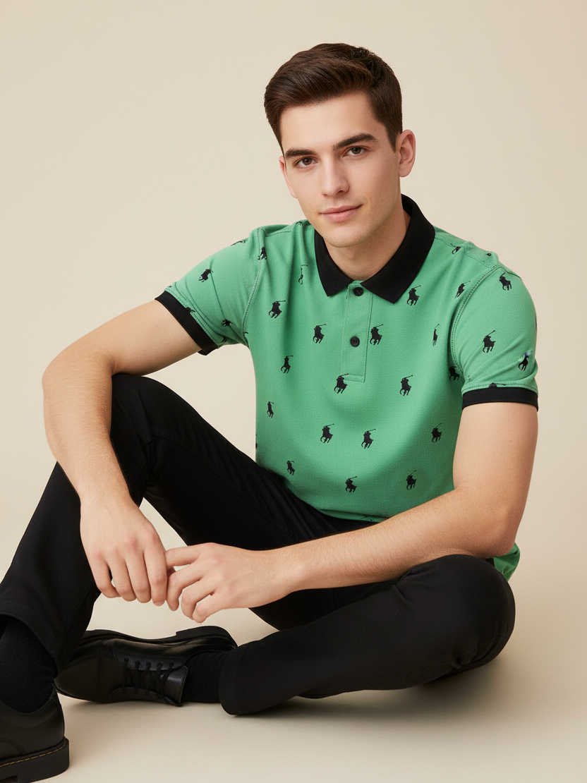 PRL Summer Polo Shirt For Men-Light Green with Allover Print-BE750/BR12998