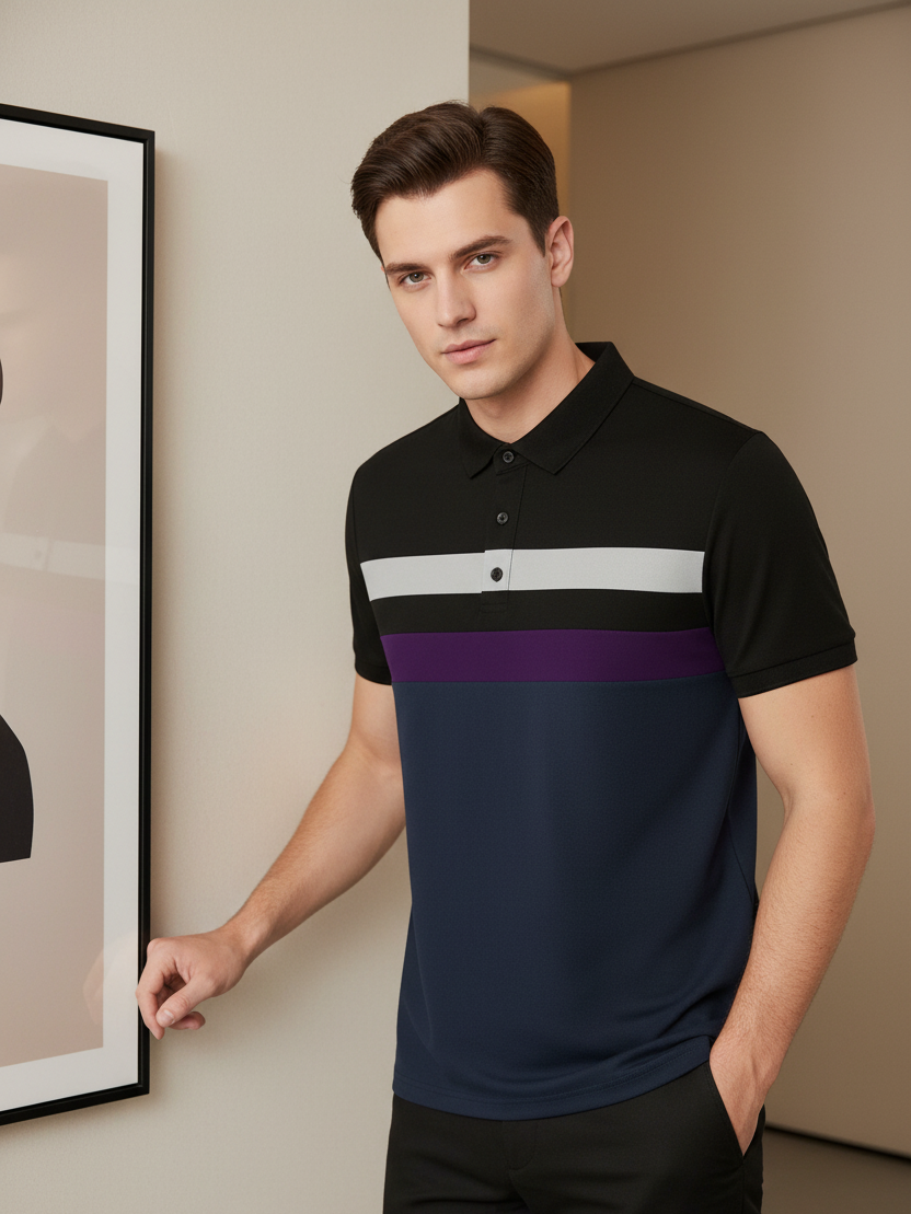 NXT Summer Polo Shirt For Men-Dark Navy With Black & Purple Stripe-BE693/BR12946