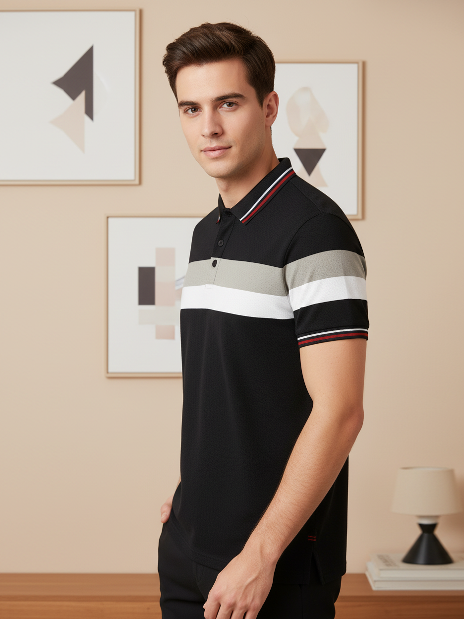 LV Summer Dry Fit Polo Shirt For Men-Black with Grey & White Panels-BE1346/BR13588