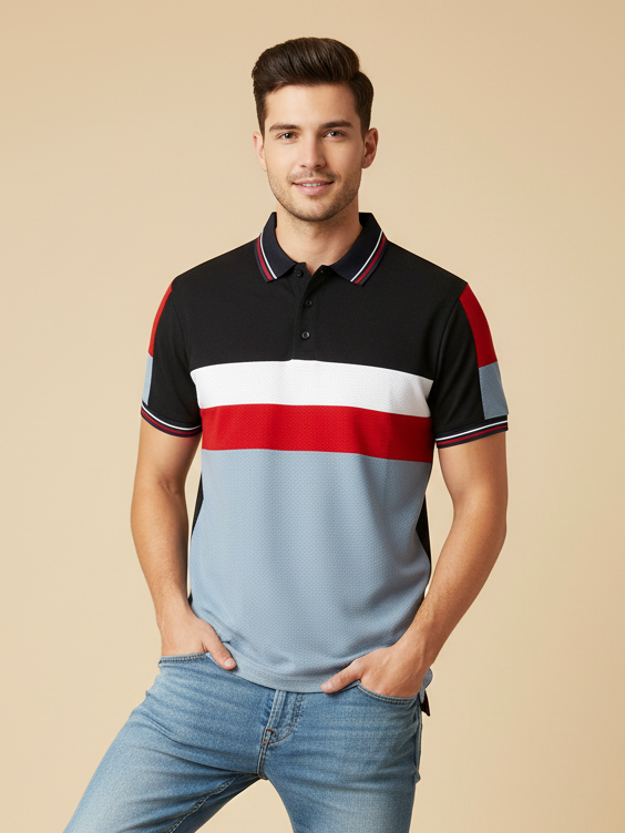 LV Summer Dry Fit Polo Shirt For Men-Slate Blue & Black with Panels-SP2712/RT2534