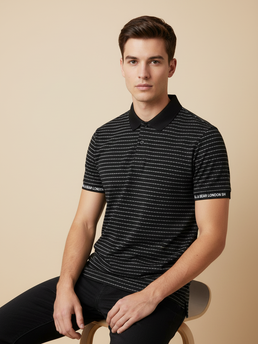 P&B Summer Polo Shirt For Men-Black with White Stripe-BE734/BR12993