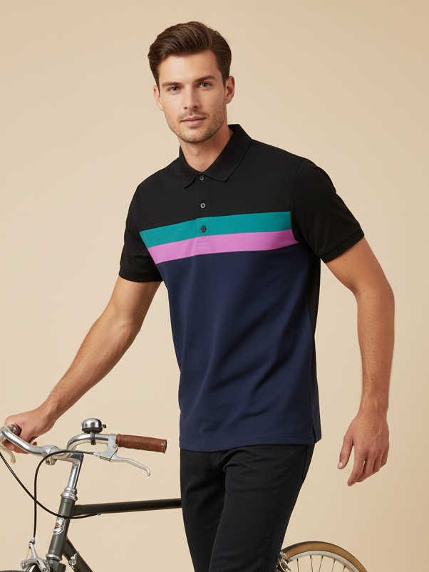 NXT Summer Polo Shirt For Men-Dark Navy With Zinc, Pink & Black Stripe-BE769/BR13016