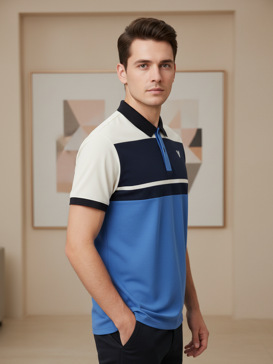 LV Summer Polo Shirt For Men-Sky with Off White & Navy Panel-BE878/BR13116