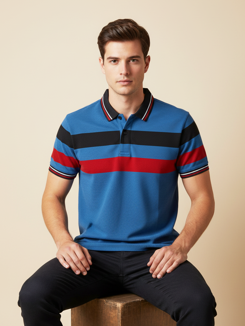 LV Summer Dry Fit Polo Shirt For Men-Blue with Red & Black Panels-SP2749/RT2538