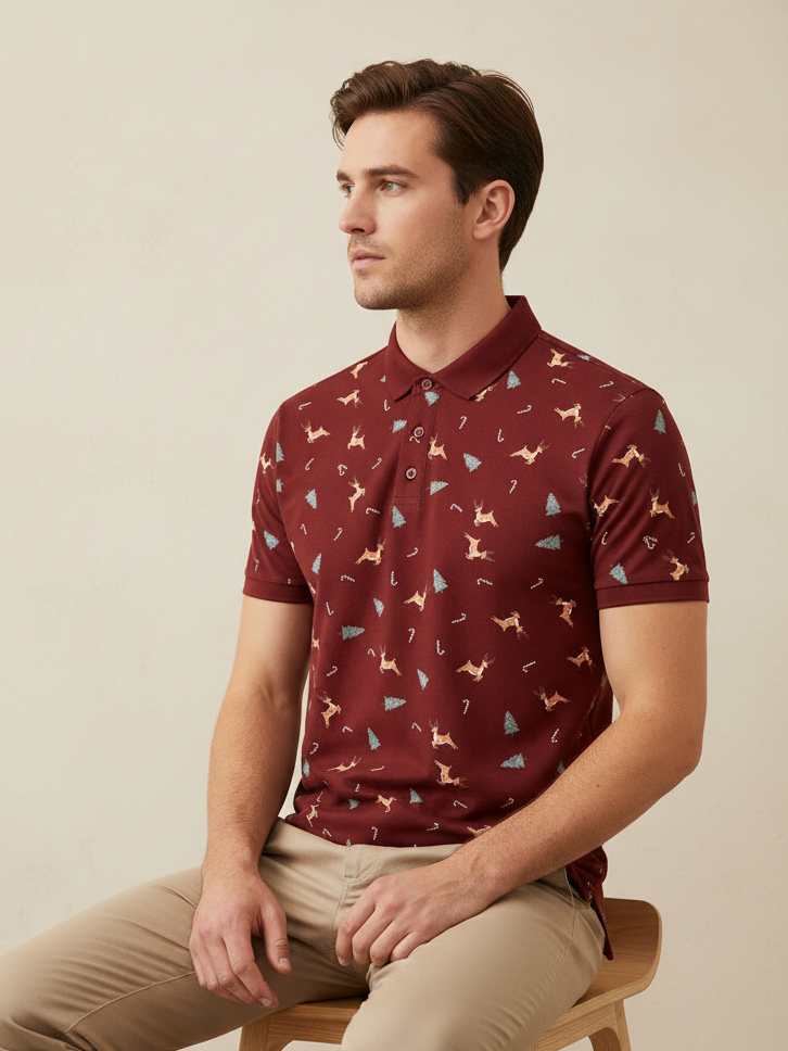 NXT Summer Single Jersey Polo Shirt For Men-Red with Allover Print-SP1625/RT2386