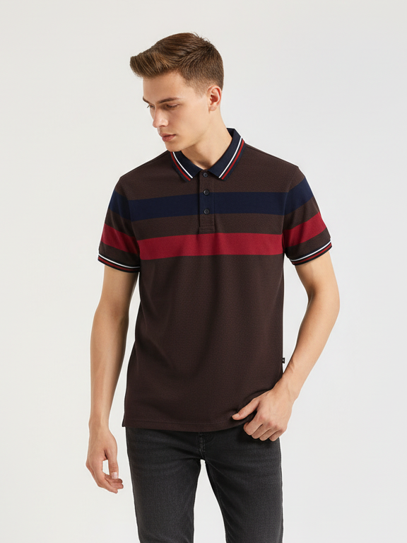 LV Summer Dry Fit Polo Shirt For Men-Dark Brown with Stripe-BE1648/BR13878