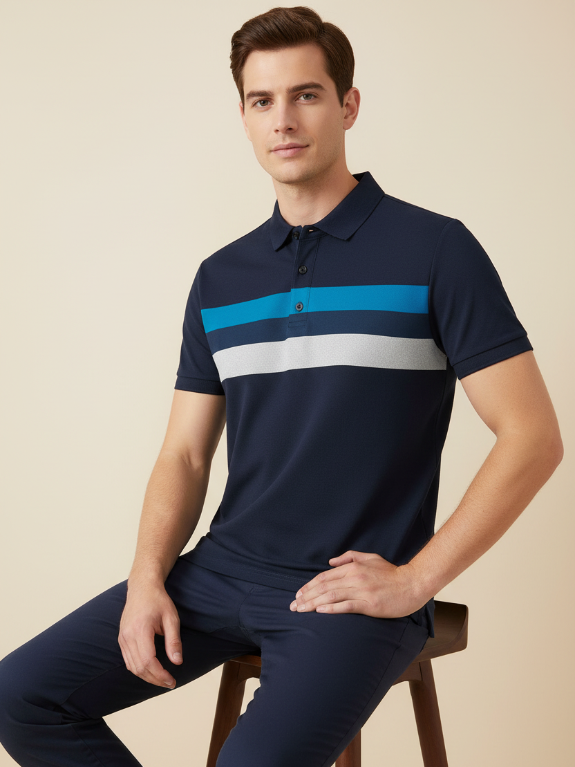 NXT Summer Polo Shirt For Men-Dark Navy With Cyan & White Stripe-BE692/BR12945
